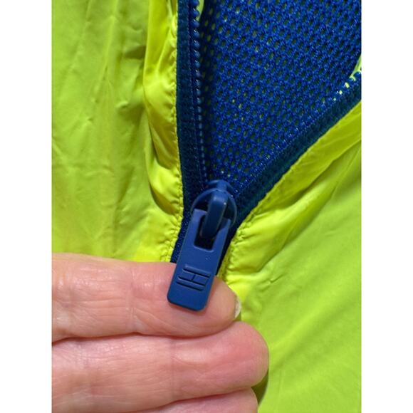 90s Tommy Hilfiger Mens Neon Green Yellow Hooded Windbreaker Jacket M Spell Out - Picture 12 of 13